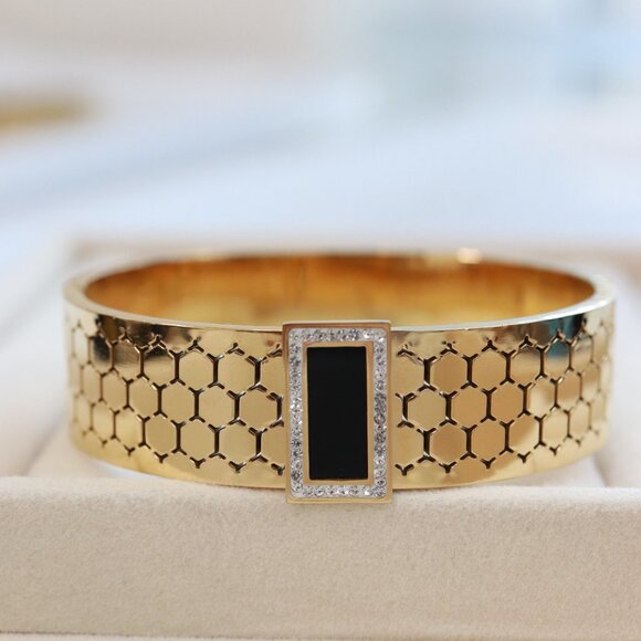 16.8mm Black/Gold with Rhinestone Behive Style Bangle Bracelet Stainless Steel - Picture 2 of 5